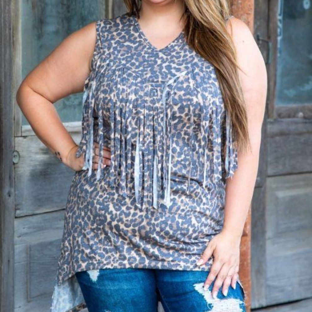 VINTAGE LEOPARD FRINGE SLEEVELESS HIGH LOW TOP - Picture 2 of 8